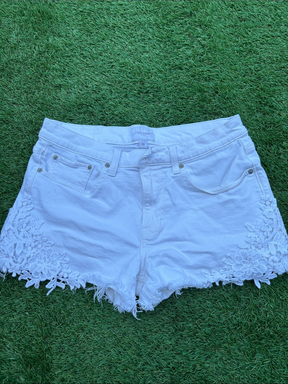 Lucky Brand White Denim Shorts with Crochet Floral Trim